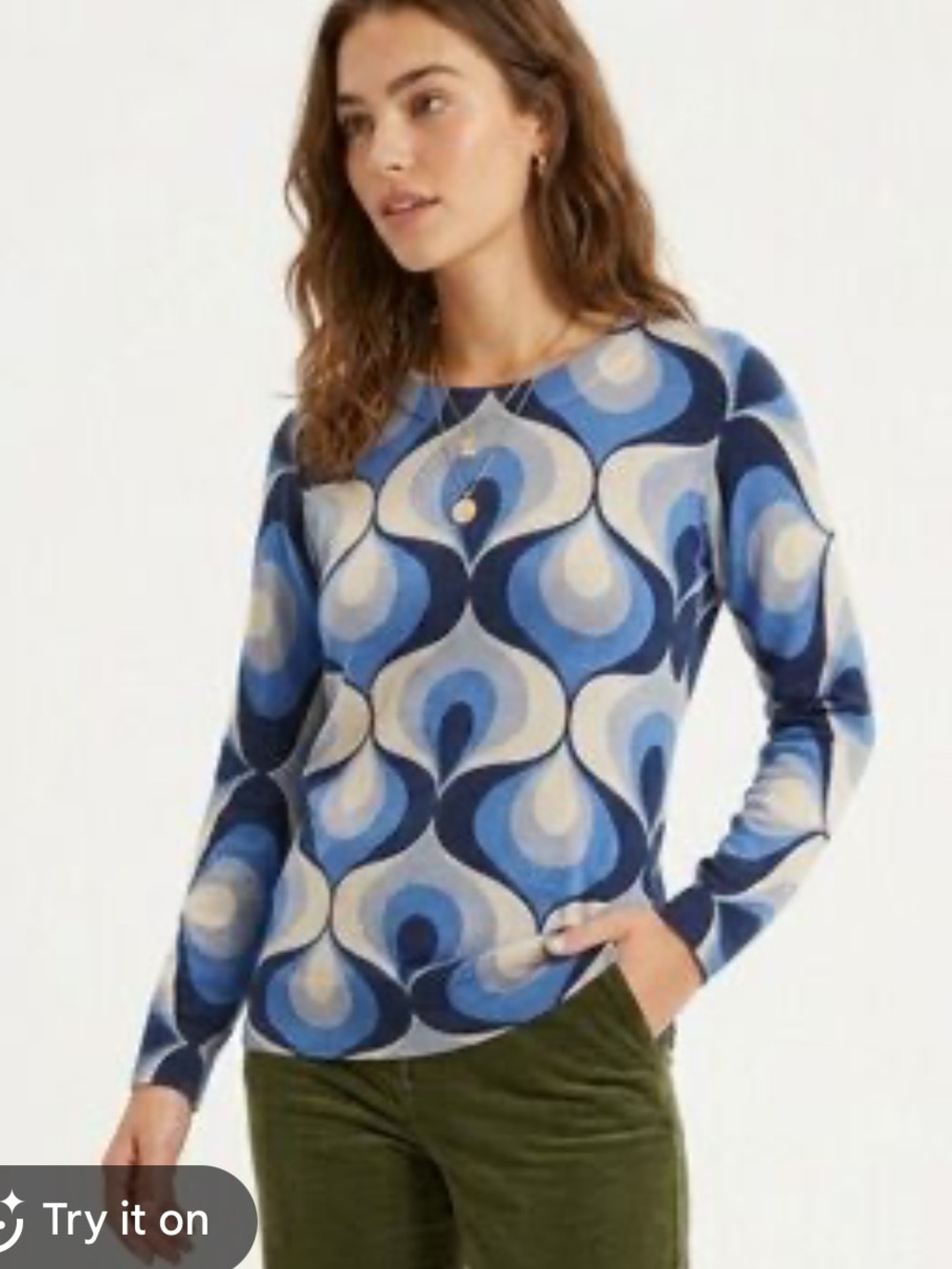 Boden Blue and Cream Wave-Pattern Crewneck Sweater soft wool
